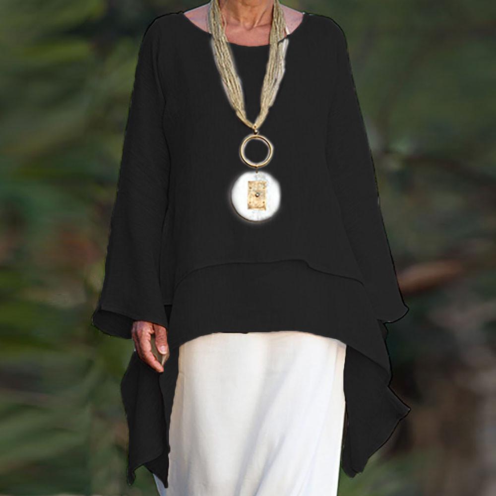 Women Fashion Plus Size Irregular Casual Linen Long Sleeve Neck Blouse