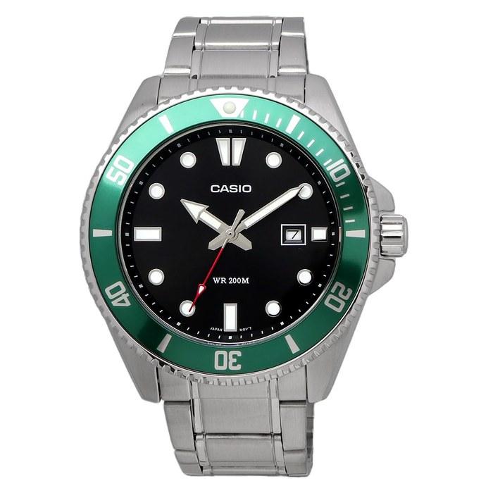 Casio Стандартные аналоговые спортивные часы MDV-107D-3AV для мужчин, водонепроницаемость 200 м, зеленый безель, металлический браслет