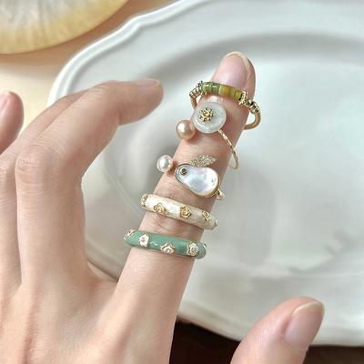 Позолоченное кольцо с эмалью 'Жемчужный Кролик' для женщин и девочек, подарок, кристаллическое зеленое цветочное ювелирное изделие с золотым покрытием, дропшиппинг