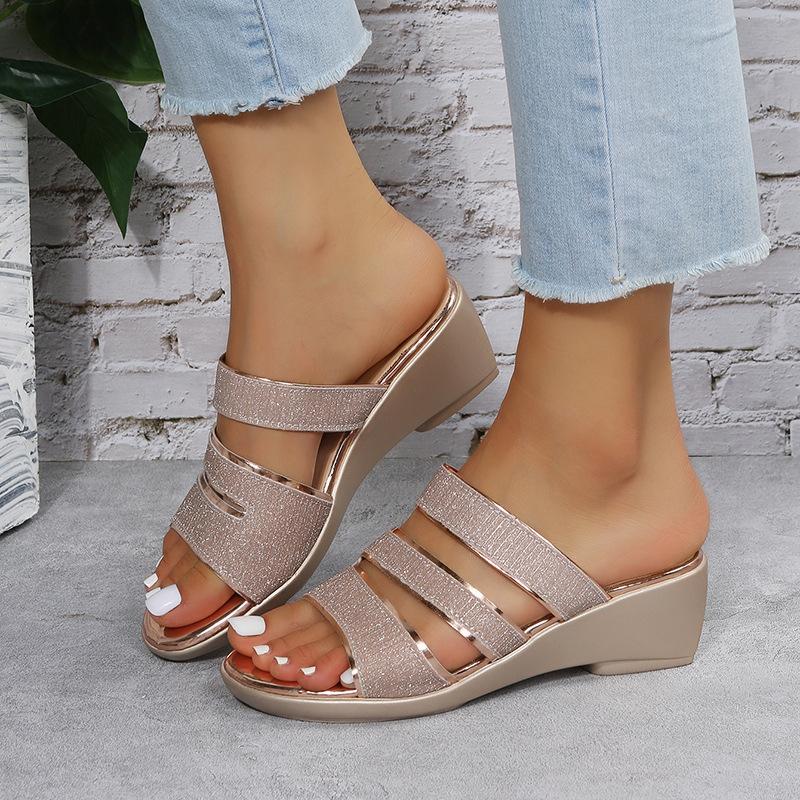 Women's Summer New Wedge Heel Sandals Women's Sequins Open Toe Roman Sandals Thick Sole Sandals
