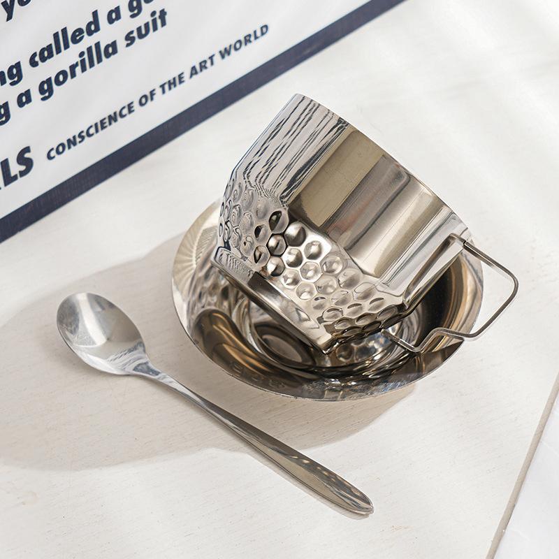 Niche Coffee Cup And Saucer Set Retro Stainless Steel Coffee Cup Small Exquisite Posing Vlog Afternoon Tea Cup