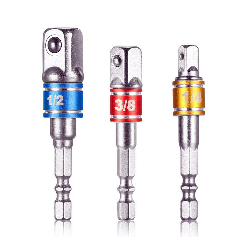 3pcs/set Drill Bar Socket Adapter Extension Impact Drill Hexagonal Shank 1/4 3/8 1/2 Square Head Electric Drill Bit