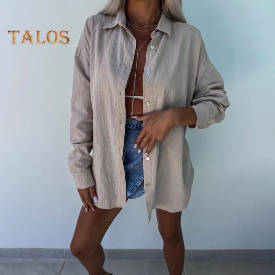 Женская рубашка с лацканами, однобортная рубашка с длинным рукавом, однотонная свободная блузка, повседневные осенние топы