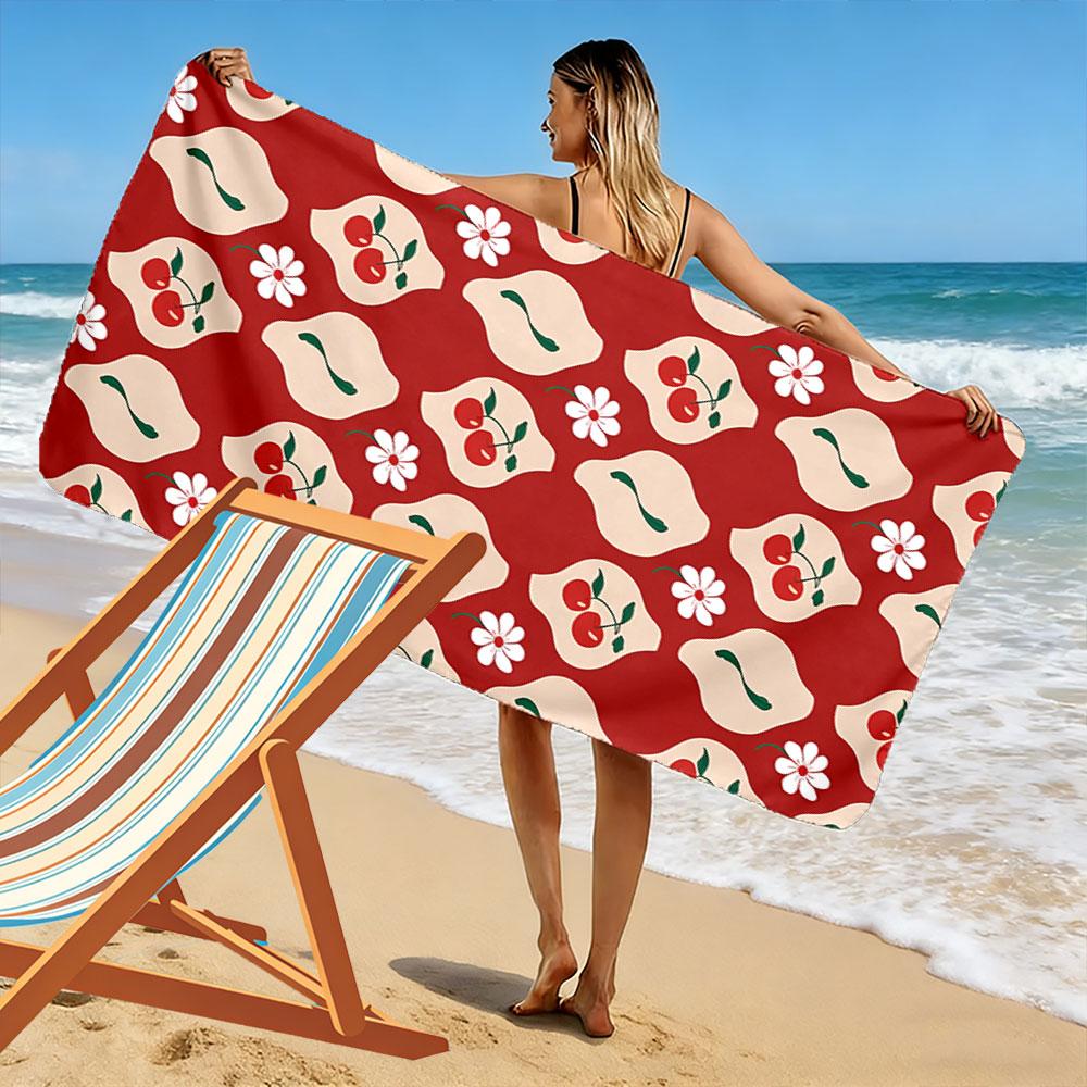Cherry and Flower Pattern Towel Beach Towel Quick-drying for Travel Outdoor Sports Jogging Beach and Swimming