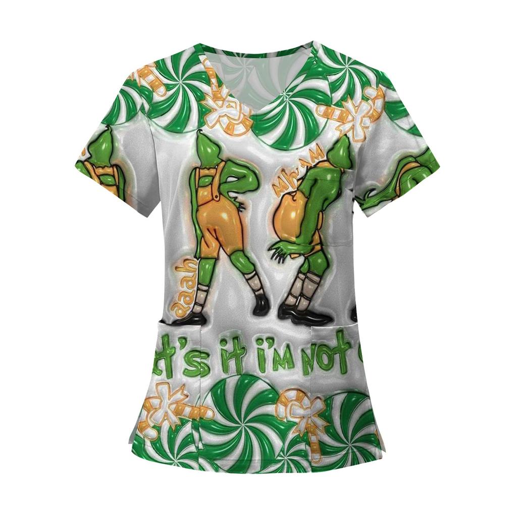 Women's Fashion Printed Short Sleeve V Neck Pattern Tops Pocket Working T-shirts