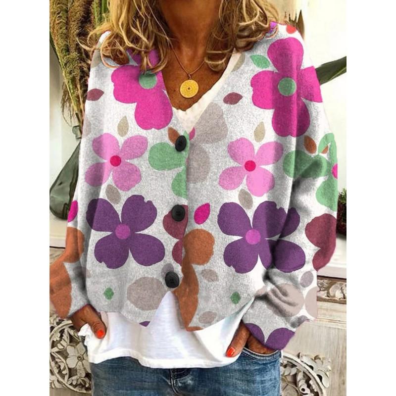 Womens Soft Knit Cardigan With 3D Digital Print Loose Fit Long Sleeve Open Front Sweater Casual Style