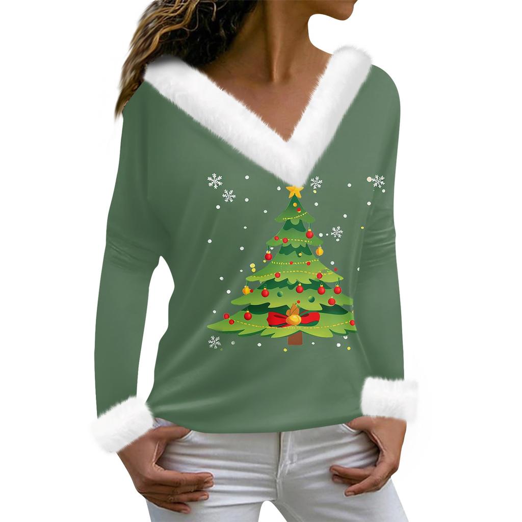 Женская мода повседневная плюшевая кофта с длинным рукавом и V-образным вырезом с рождественским принтом