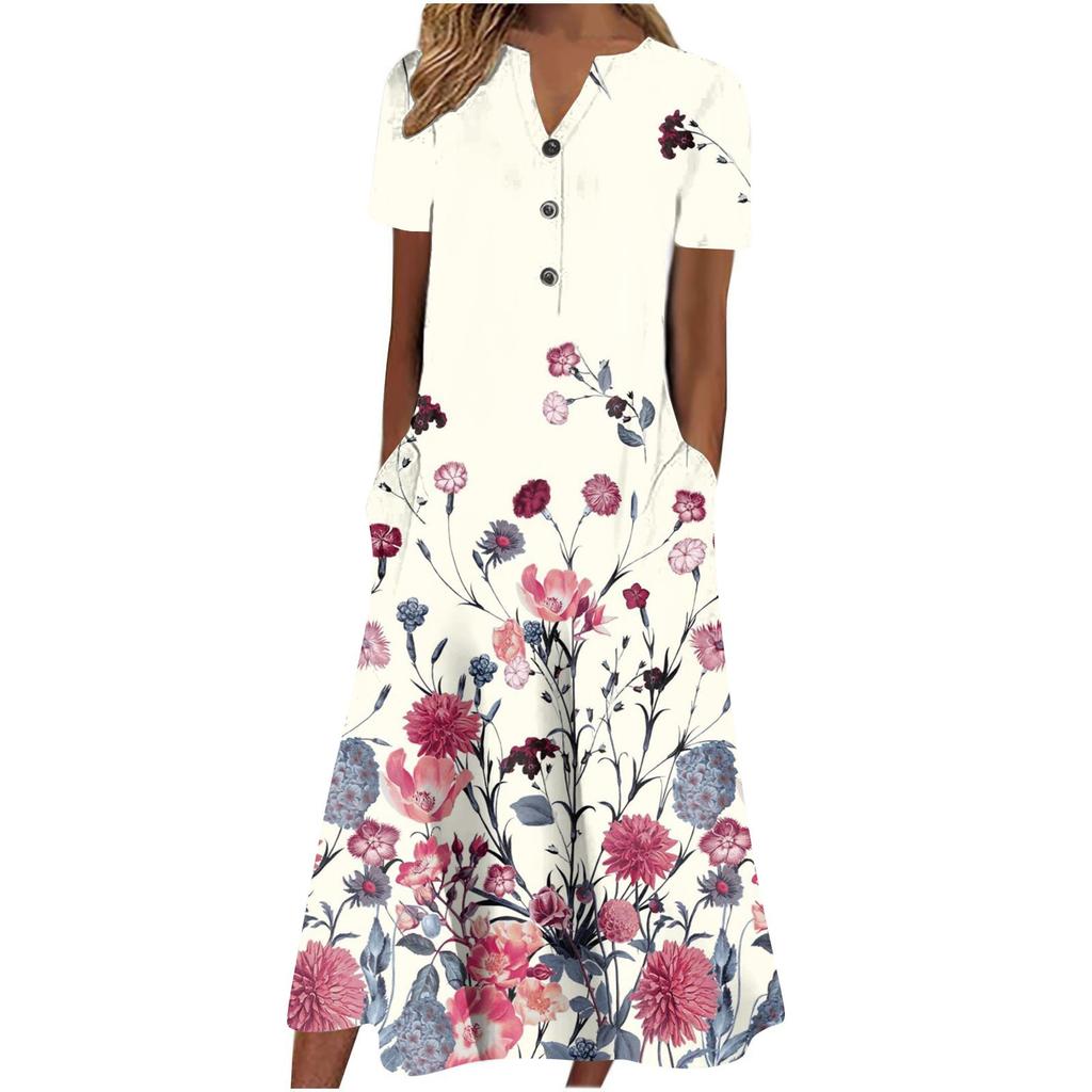 Women's Summer Casual Printed V-Neck Short-Sleeve Swing Dress