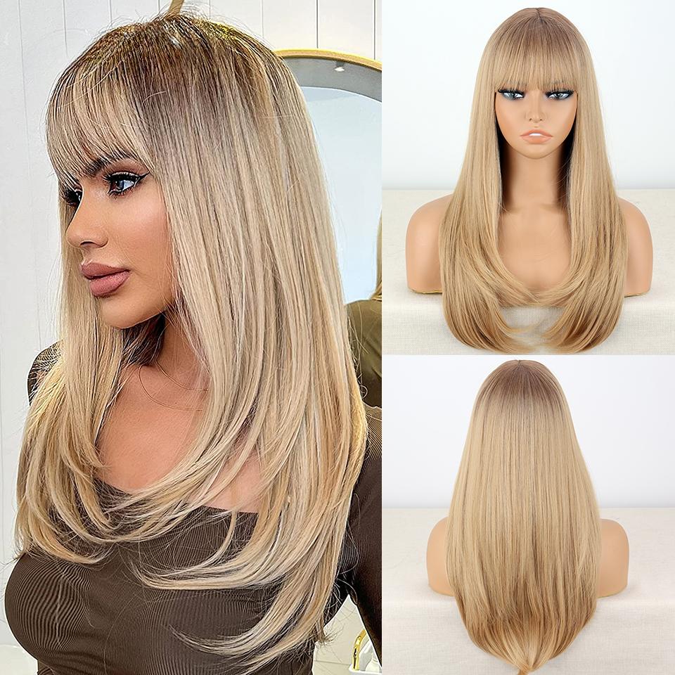 LISI HAIR Женский натуральный прямой коричневый парик с челкой из синтетического волокна, натуральный волнистый многослойный парик, повседневная одежда для косплея