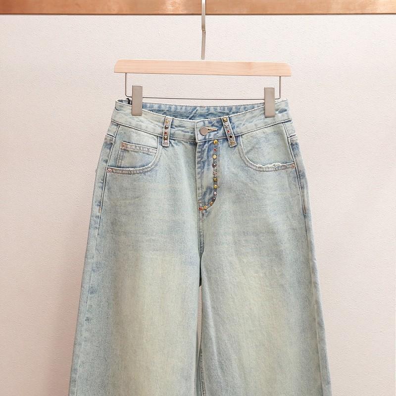 Womens High-Waisted Straight Leg Denim Jeans With Rhinestone Embellishment Cotton Blend Office Chic Style