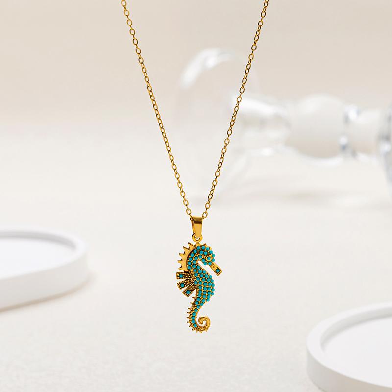 Stainless Steel Seahorse Pendant Necklace Turquoise Boho Ocean Jewelry For Women
