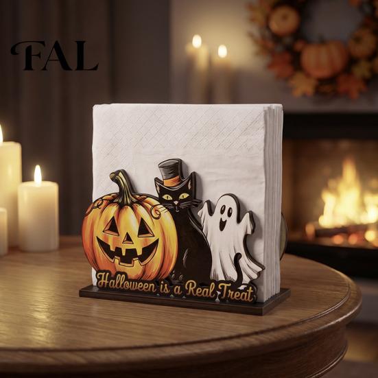 Cute Desktop Storage Box Halloween Wooden Napkin Holder, Pastel Pumpkin Ghost Black Cat Tabletop Tissue Dispenser, Waterproof Stable Decorative Stand