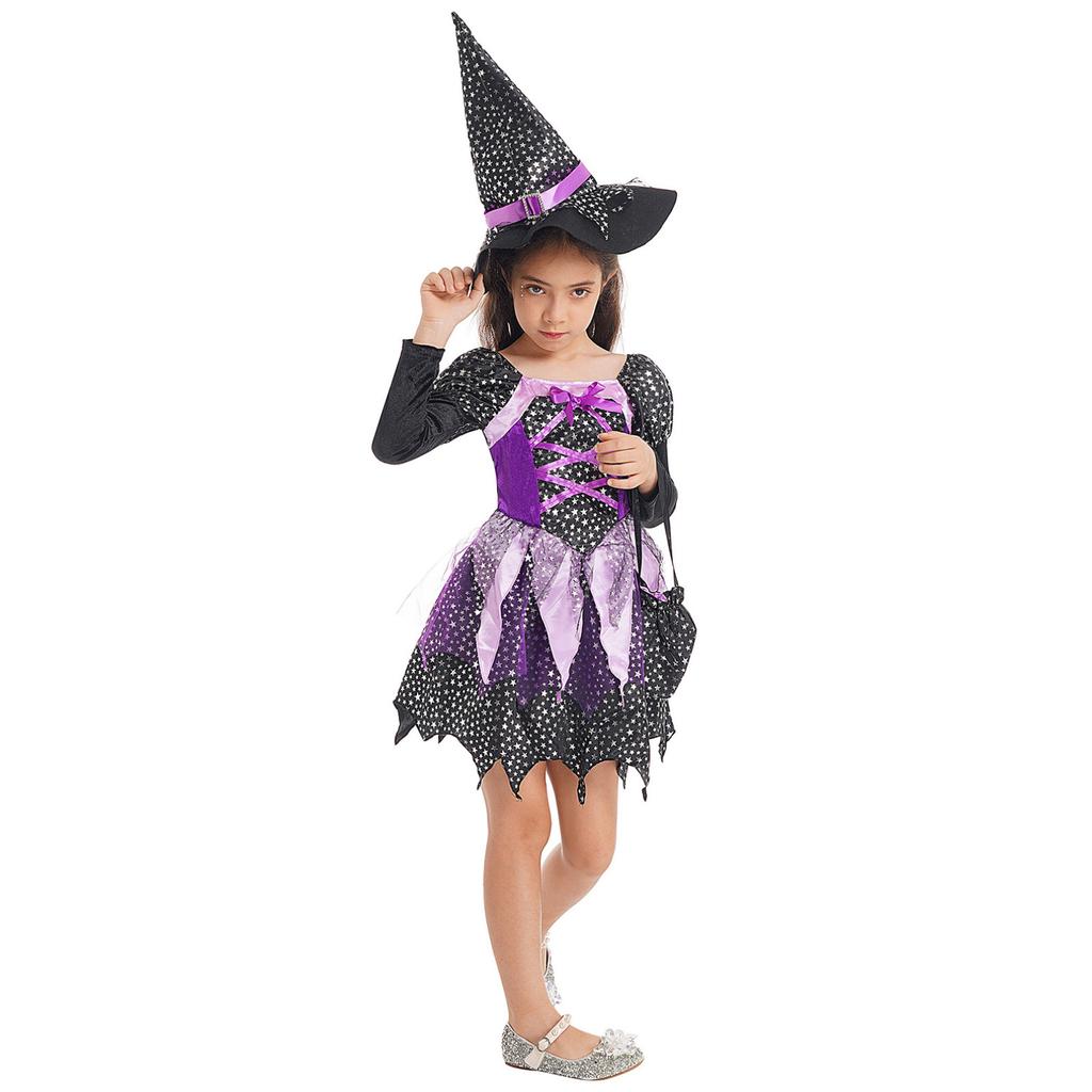 Детское платье для косплея ведьмы на Хэллоуин с длинными рукавами и принтом звезд для девочек, комплекты с остроконечной шляпой и сумкой
