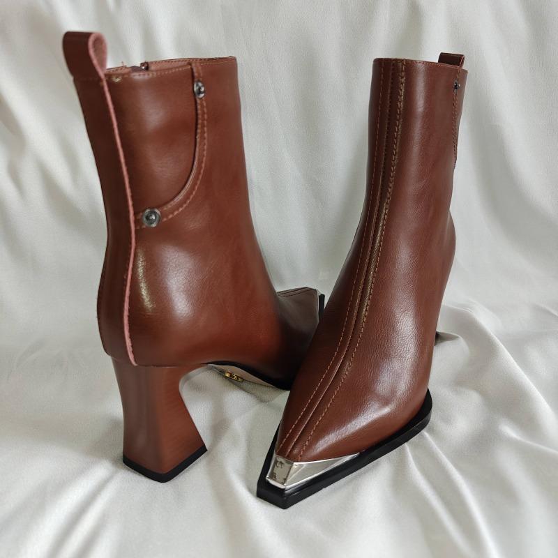 Fashion Winter New Thick Heel Cotton Boots Women's Metal Pointed Head Side Zipper Rivet Anti-slip Wear-resistant Short Boots