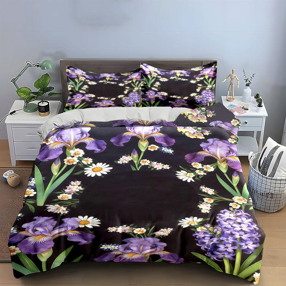 Purple irises, daisies, hyacinths. Bedding sets Duvet cover sets Duvet covers Pillowcases(1* Duvet Cover 2* Pillowcases without duvet insert)