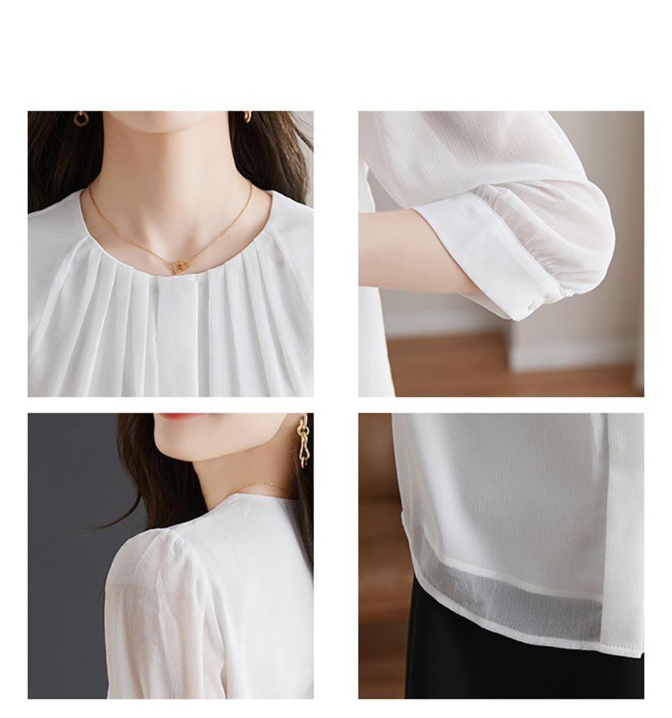 Рубашка Блузка для Элегантная Свободная Для Повседневной Носки Большая Осень [Lalapala] Женская, Шифон, Топ, Посадка, Однотонная, Стройнящая, Взрослая, Стильная, Элегантная, Универсальная, 3/4