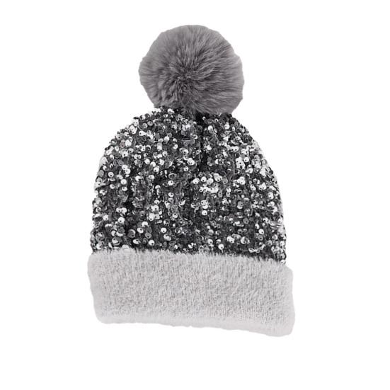 Женская вязаная шапка с плюшевым помпоном, украшенная блестящими пайетками, шапка без полей, зимняя теплая пушистая панама, головной убор