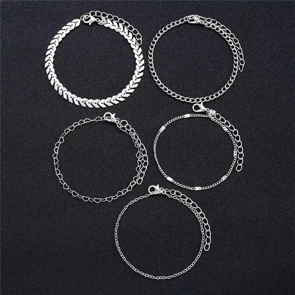 4Pcs/5Pcs Adjustable Heart Charm Anklet Pearl Charm Anklet  Women Girl Jewelry Accessories