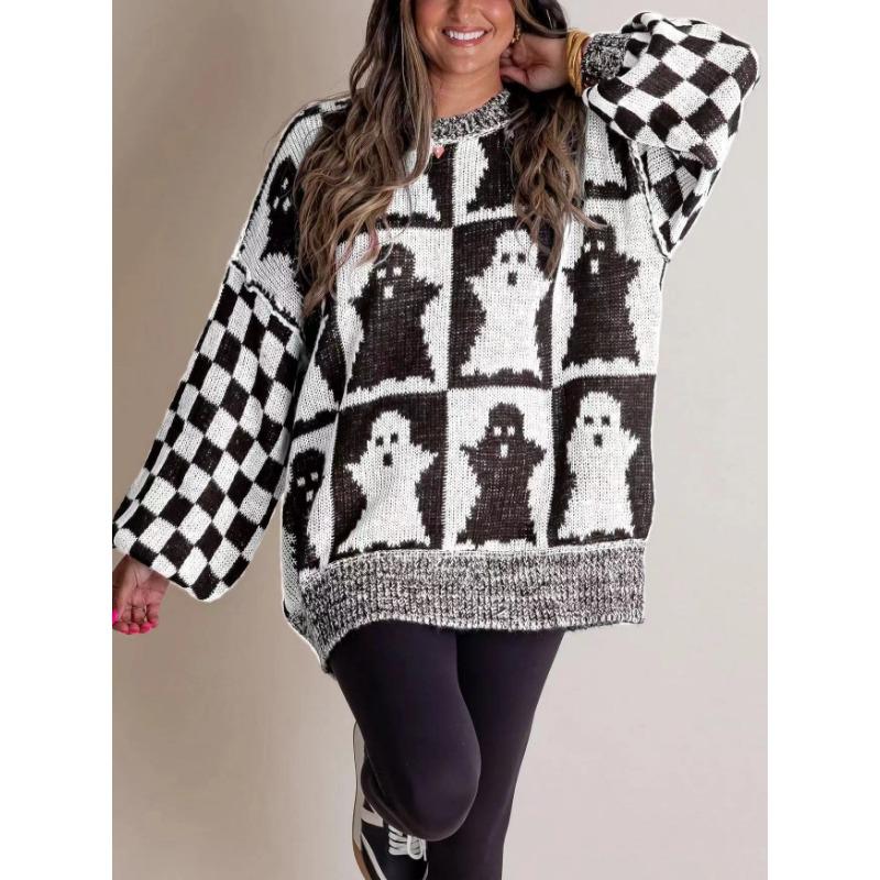 Осень-зима, длинные рукава, женские свитера, мода, большие размеры, Хэллоуин, свободный свитер с круглым вырезом, винтажный женский элегантный принт, повседневные джемперы 25367