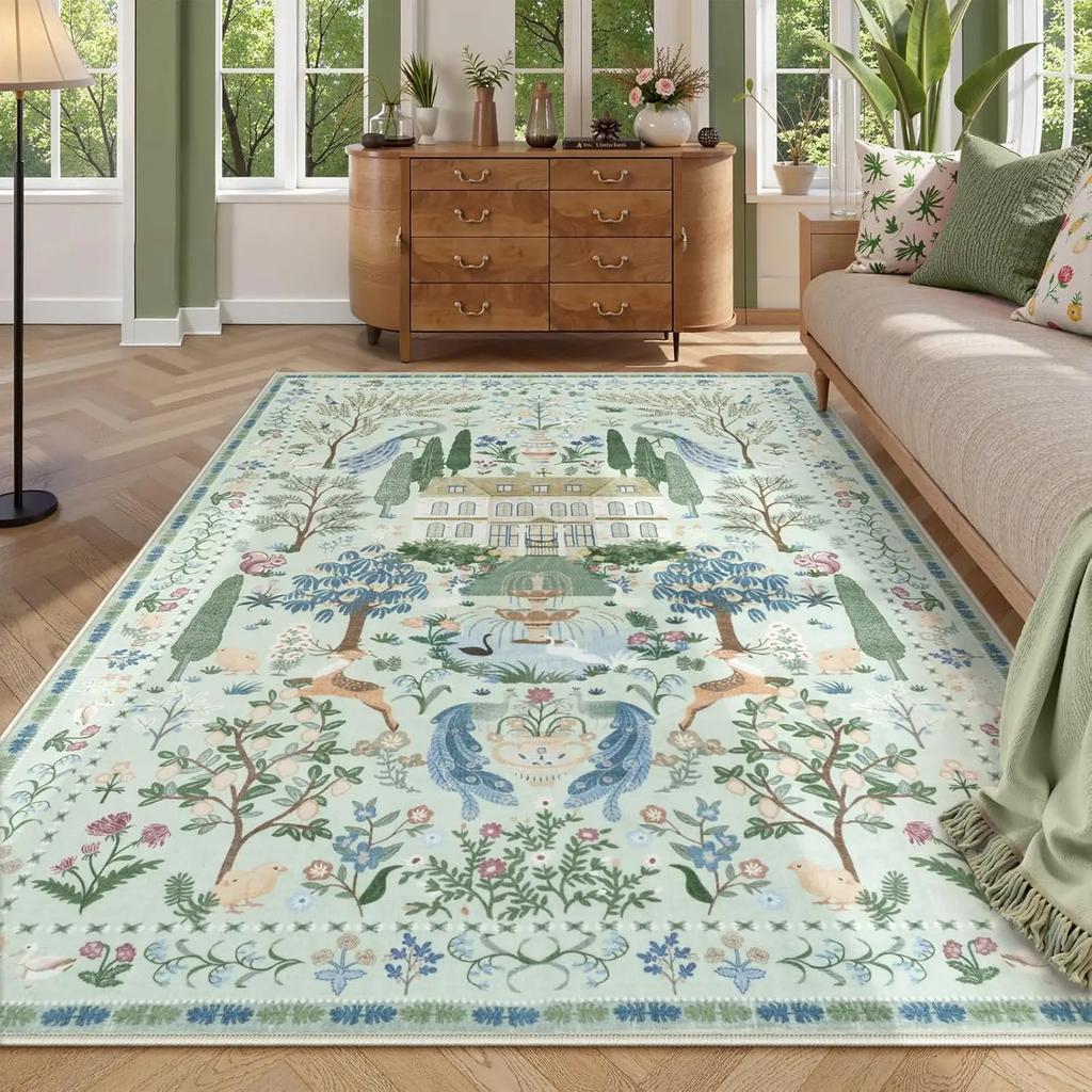Botanical Bird Print Area Rug – Fresh Nature-Inspired Living Room Carpet, Non-Slip Stain Resistant Easy-Care Bedroom Bedside