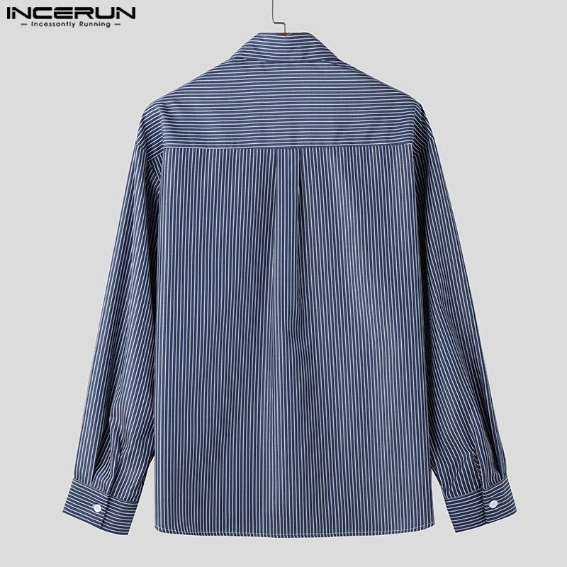 INCERUN Spring Summer Men Lapel Long Sleeve Striped Print Shirts Oversized Tops
