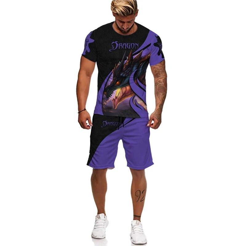 Мужская футболка/костюм с 3D принтом Flying Dragon Totem Art, летний крутой топ с короткими рукавами + шорты, комплект, готический спортивный костюм в стиле хип-хоп