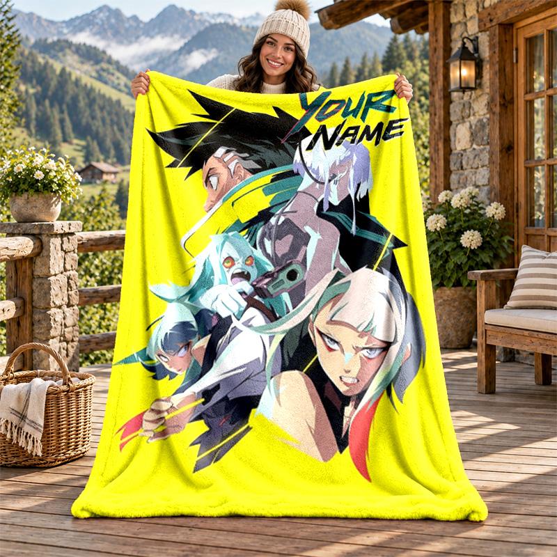 Cyberpunk Edgerunners Custom Name Flannel Blanket Personalized Soft Warm Plush Throw Blanket Customized Gift for Family Friends