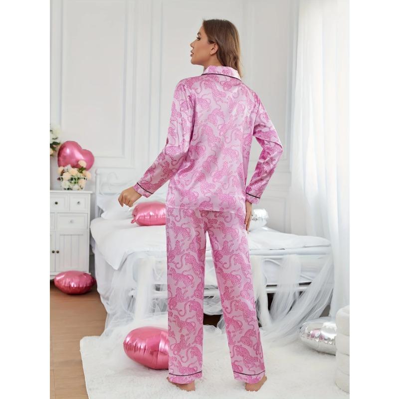 Women's Pink Leopard Print Pajama Set - Comfy Button-Up Long Sleeve Top & Long Pants, Casual Fall/Winter Loungewear