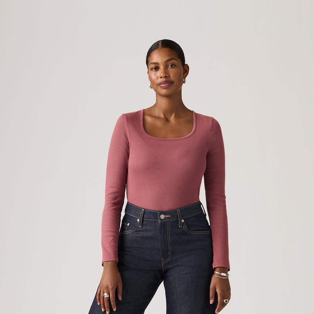 Levis Удобная Универсальная Модная Базовая Квадратный Вырез Длинный Рукав Футболка Женские топы 005IO-0008