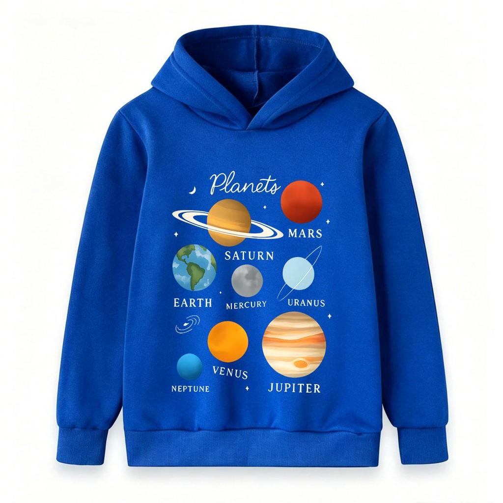 Warm Kids Hooded Pullover, Colorful Solar Planets And Letter Label Graphic Sweatshirt, Autumn Winter Casual Long Sleeve Top for Children Daily Wear