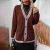 Autumn Winter Vintage Loose Long Sleeve Top Solid Color Cardigan Knitwear V-Neck Sweater