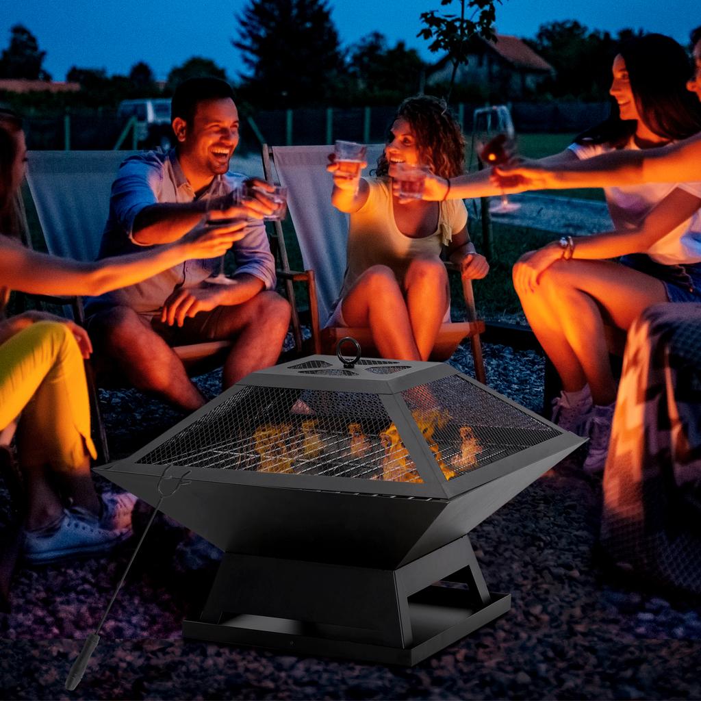 Fire Bowl 45 x 45 x 34cm Made of Stainless Steel Fire Pit with Spark Guard Poker Fire Bowls Fire Basket for Garden, Balcony, BBQ Camping Black