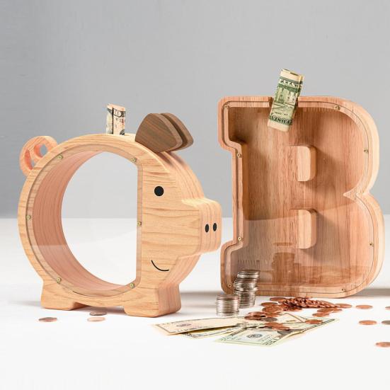 Деревянная копилка в форме милой свинки, коробка для сбережений, многоразовая копилка с прозрачными окошками для детей, малышей, подарок на день рождения