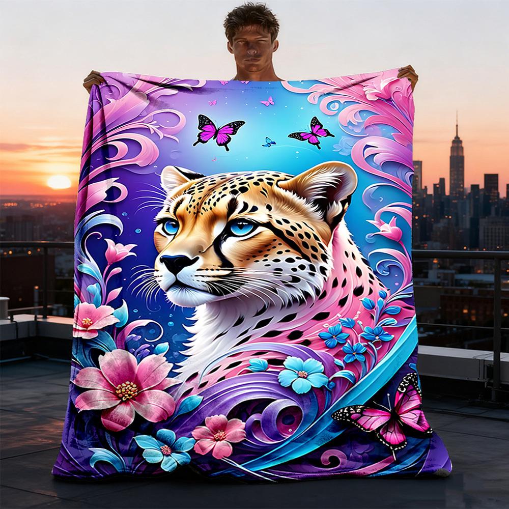 1pc Cheetah Floral Butterfly Throw Blanket Polyester Fiber, Lightweight Flannel, Soft & Warm, All Season Use for Outdoor, Camping Digital Print