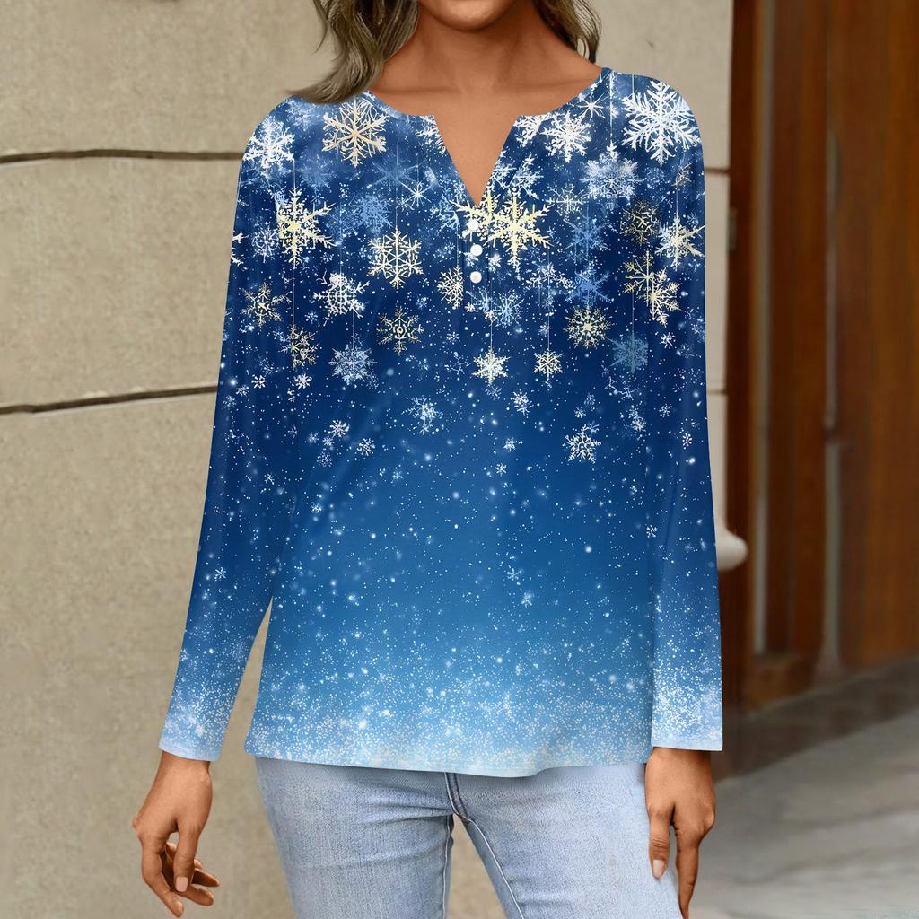 Женская футболка с рождественским принтом на пуговицах с длинным рукавом, повседневная, выходного дня, модная, базовая, с V-образным вырезом, обычная