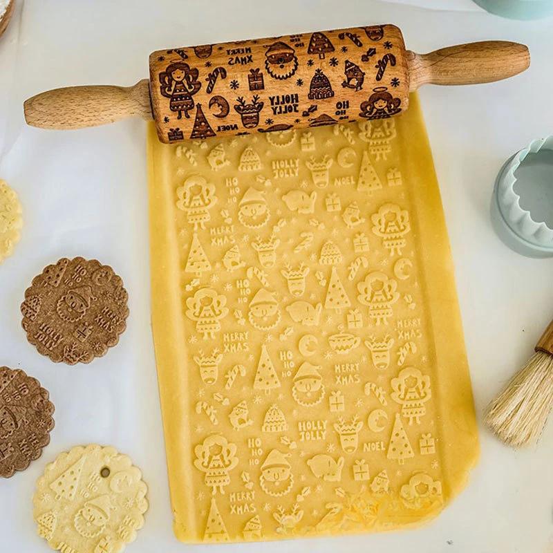 Мультяшный бисквитный принт, катящийся снежинка, лось, деревянный узорчатый ролик, форма для выпечки своими руками, рождественские аксессуары для выпечки на Хэллоуин