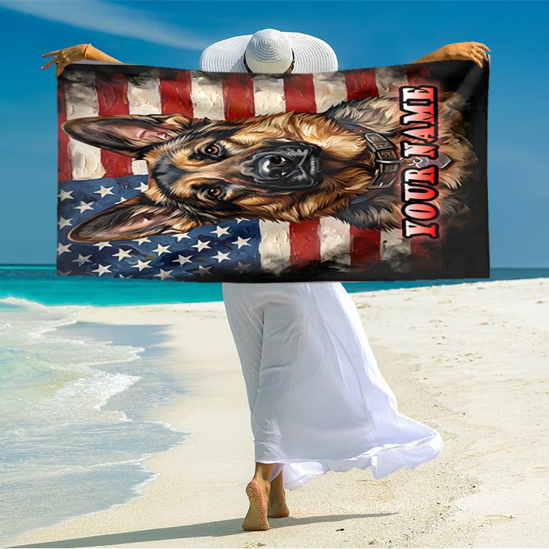 1PC Custom Name American Flag German Shepherd Beach Towel Highly Absorbent And Sand-Resistant Towel for Swimming, Pool, Yoga, And Travel Lightweight