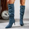 Обувь для женщин Сексуальные легкие джинсовые сапоги с острым носком и складками Свободные сапоги выше колена Женские высокие сапоги на тонком каблуке