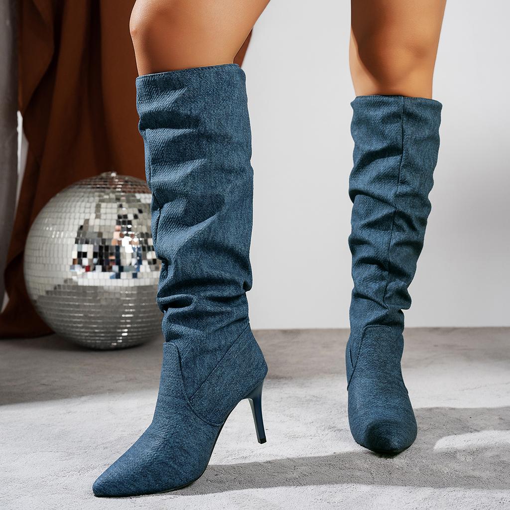 Обувь для женщин Сексуальные легкие джинсовые сапоги с острым носком и складками Свободные сапоги выше колена Женские высокие сапоги на тонком каблуке