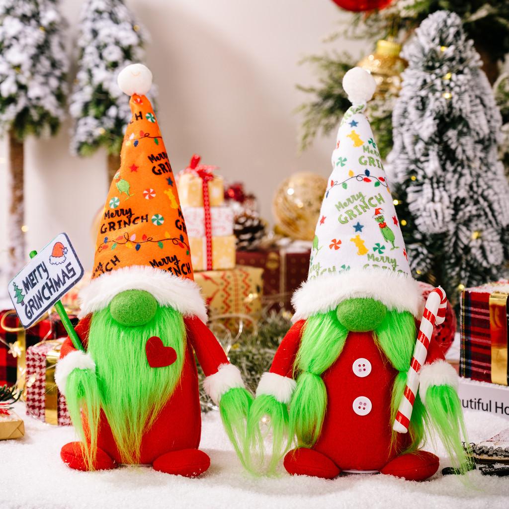 Очаровательная мультяшная плюшевая кукла Гринча со светом, в красно-белой шляпе с принтом для рождественского декора