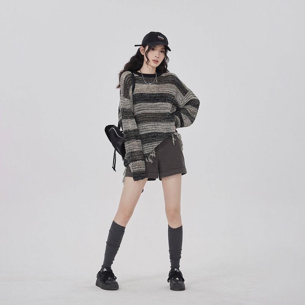 Полосатый ажурный трикотаж, женский весенне-осенний модный свитер в стиле ретро, ​​свободная повседневная блузка с длинным рукавом с кисточками и дизайном