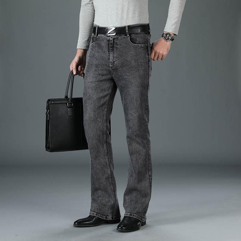 Men's Middle Waist Elastic Gray Loose Flared Denim Trousers Men's Large Size Flared Pants