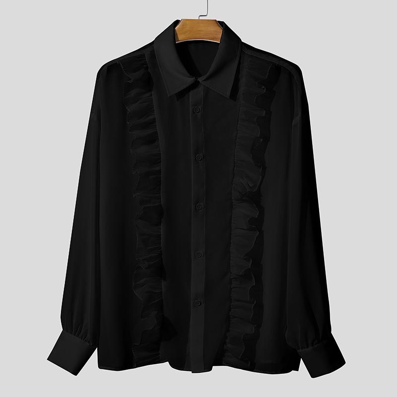 INCERUN Мужские рубашки оверсайз с лацканами, длинными рукавами, рюшами, прозрачные, для вечеринок, клубов, свободного кроя