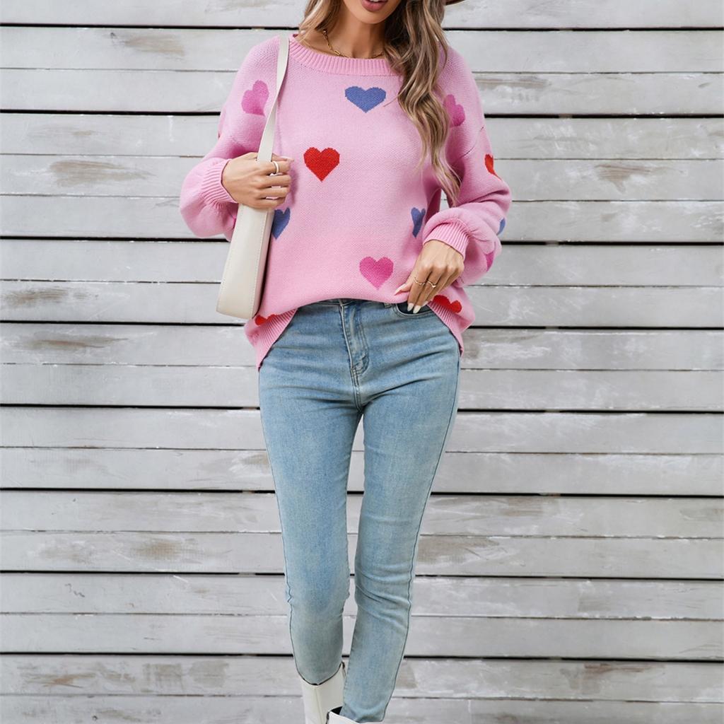 Женский свободный повседневный модный свитер с круглым вырезом и сердечком, вязаный свитер-рубашка