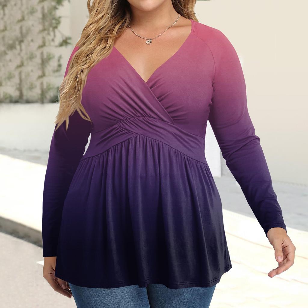 Женская рубашка большого размера с длинным рукавом, принт, плиссированный повседневный топ с V-образным вырезом