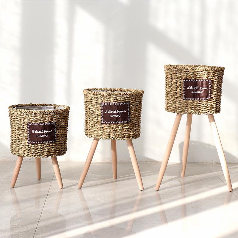 Корзина для цветов из соломы и ротанга в скандинавском стиле с деревянной подставкой для украшения интерьера