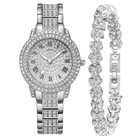 2Pcs/Set Women Quart Watch Shiny Rhinestones Circular Dial High Precision Movement Wristwatch with Bracelet