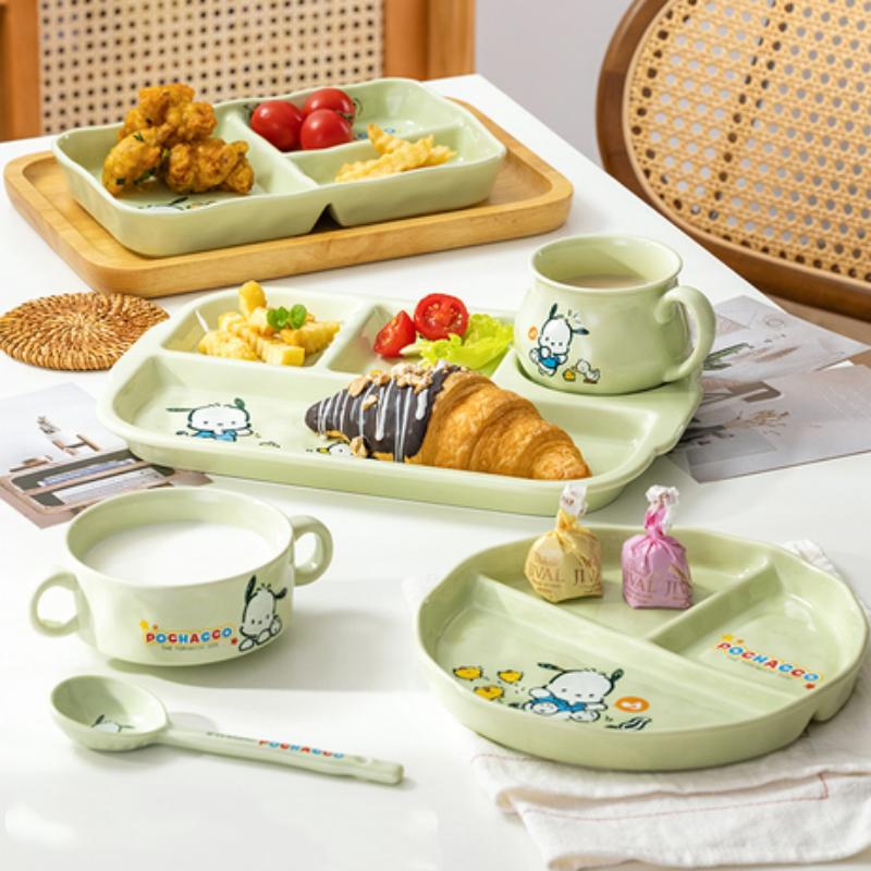 Для Sanrio Pochacco Керамическая детская тарелка с разделителями Круглая секционная обеденная тарелка Мультяшная кружка Подходит для микроволновой печи Посуда