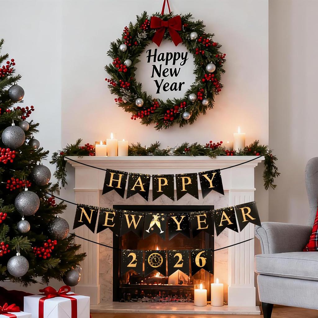 Yookat Black Gold Happy New Year Banner and New Years Hanging Swirls 2026 Happy New Years Eve Party Decorations Supplies