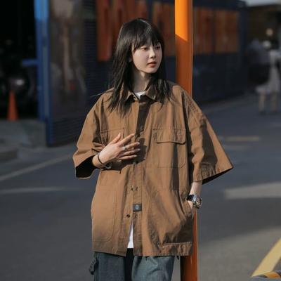 Женская рубашка с коротким рукавом в стиле ретро, летняя однотонная свободная дышащая рубашка с несколькими карманами и коротким рукавом